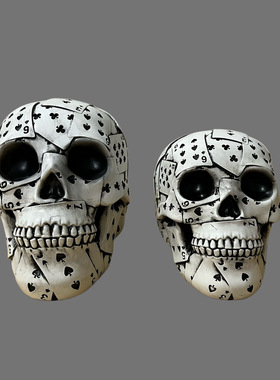 跨境平台树脂扑克牌骷髅头摆件家居万圣节工艺品人体骨骼装饰摆件