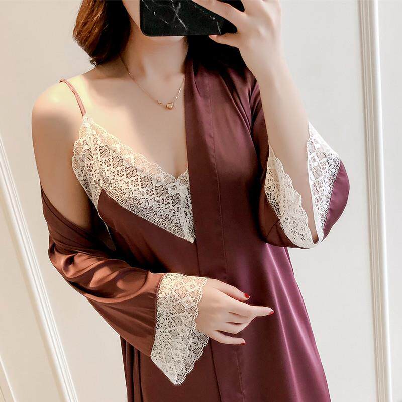 春秋丝绸睡袍套装性感蕾丝吊带睡裙浴袍夏季女人睡衣家居服
