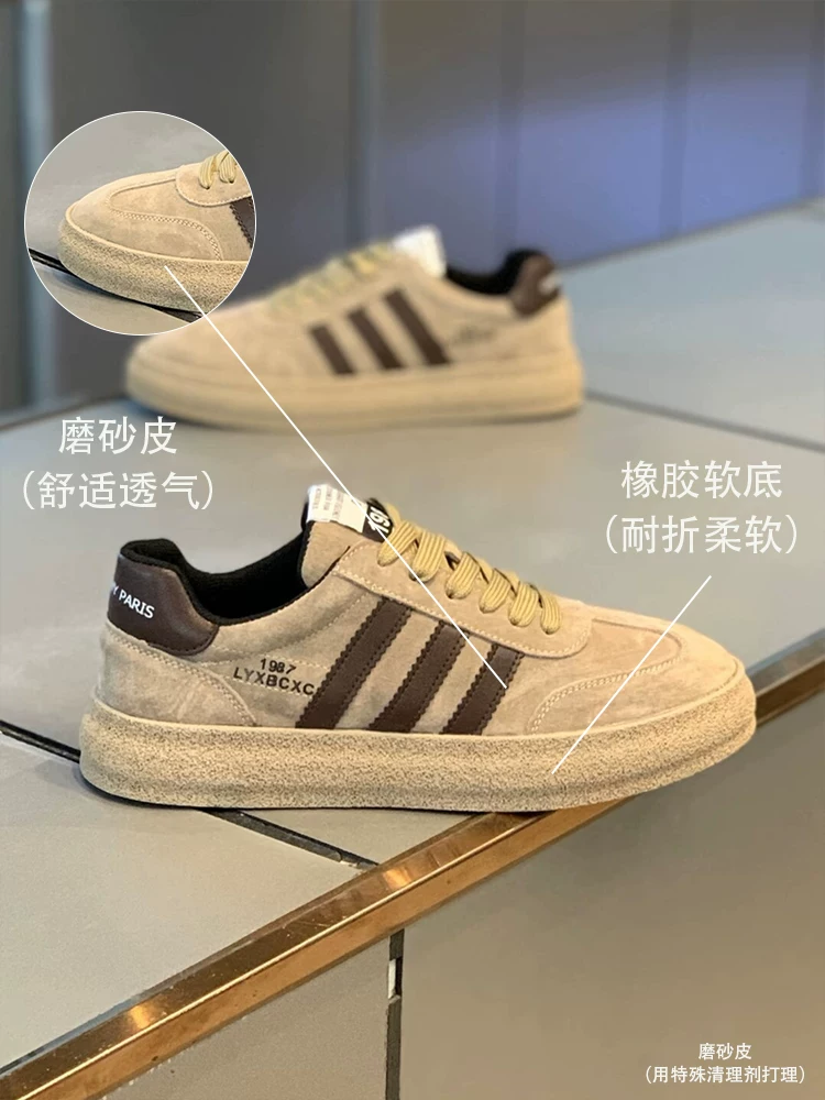 Универсальная мужская обувь в стиле Three Stripes 2024 весна, новая надпись на нубуковой коже, однотонная, модная популярная повседневная обувь