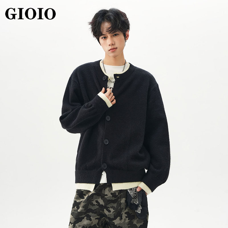 美式假两件撞色开衫毛衣男秋季