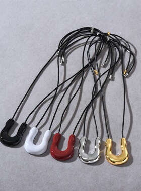 新款金属不规则滴釉吊坠U形长款黑色皮绳毛衣链简约ins风百搭项链