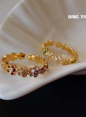 甜美满圈滴釉花朵戒指气质款精致高级感绿色叶子开口戒可调节指环