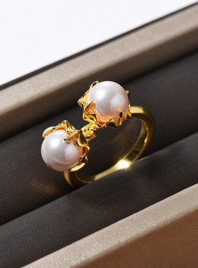 BV铜镀18k真金尖头镶座镶嵌珍珠指环小众设计潮流轻奢个性戒指