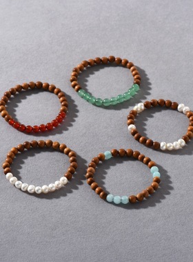 国风淡水珍珠绿东陵海蓝石红玛瑙拼檀木串珠气质时尚温柔甜美