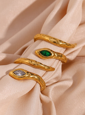 欧美ins时尚个性简约指环饰品不锈钢镀金不规则表面开口蛇形戒指