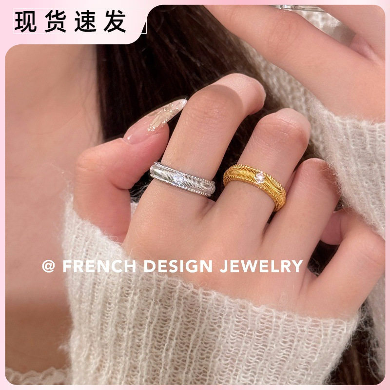 法式高级感竹节冷淡风锆石戒指S925纯银百搭精致款可调节食指戒子