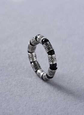 秋冬时尚通勤必入黑玛瑙串珠拼高级金属指环小众个性独特做旧戒指