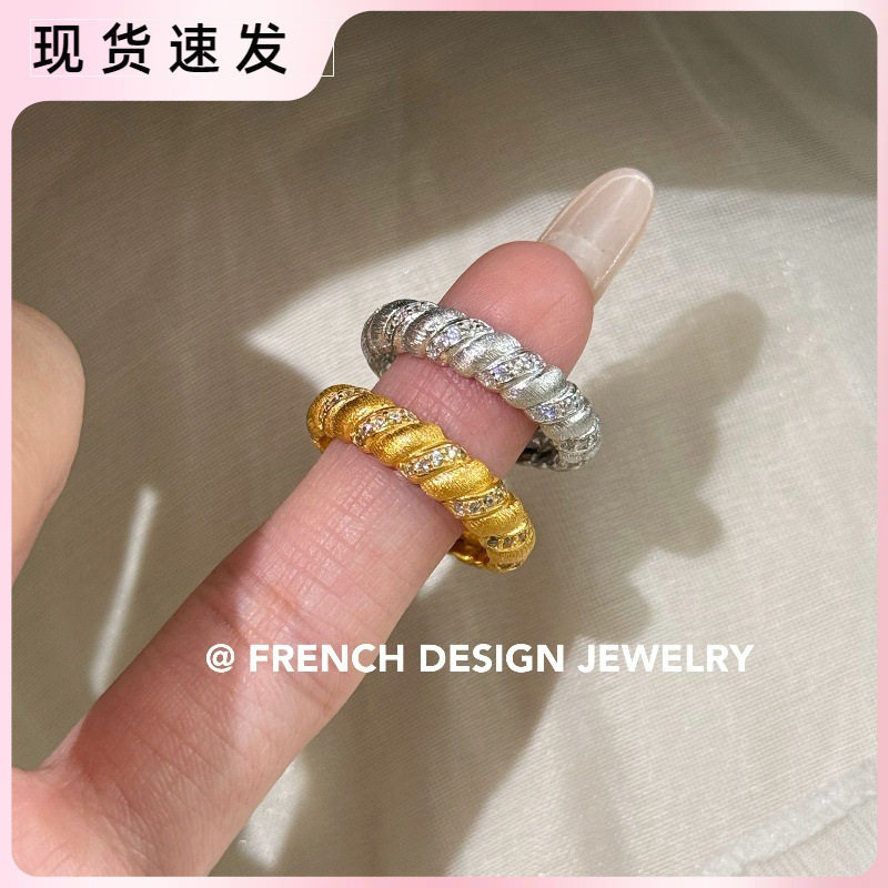 法式布契风手工拉丝指环S925纯银拉丝麻花戒指高级感开口小众百搭