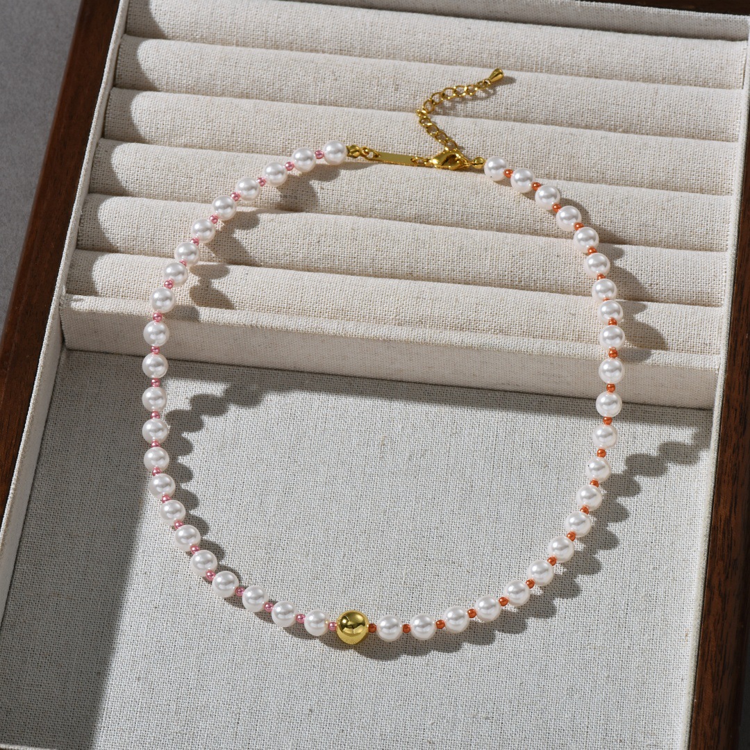 高级铜镀18k真金吊坠复古轻奢白拼粉大小珍珠锁骨链欧美气质项链