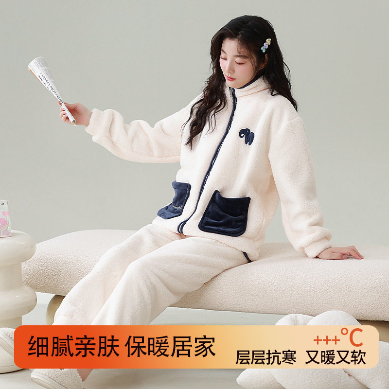 爆品珊瑚绒睡衣女冬季加绒加厚保暖女士秋冬法兰绒开衫女款大码家