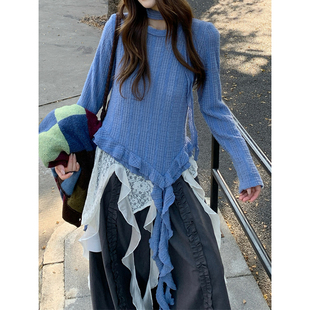 休闲格纹拼接毛衣不规则T恤蕾丝罩衫 女秋冬