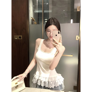 甜美减龄蕾丝拼接吊带背心女外穿夏季 上衣 独特漂亮小衫 甜辣风无袖