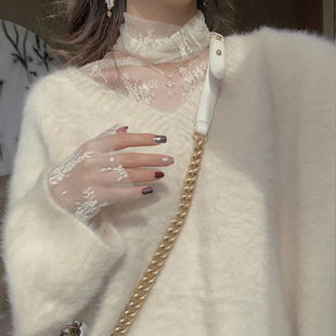 定制仙女网纱长袖 女秋冬洋气内搭 上衣超仙高领蕾丝打底衫