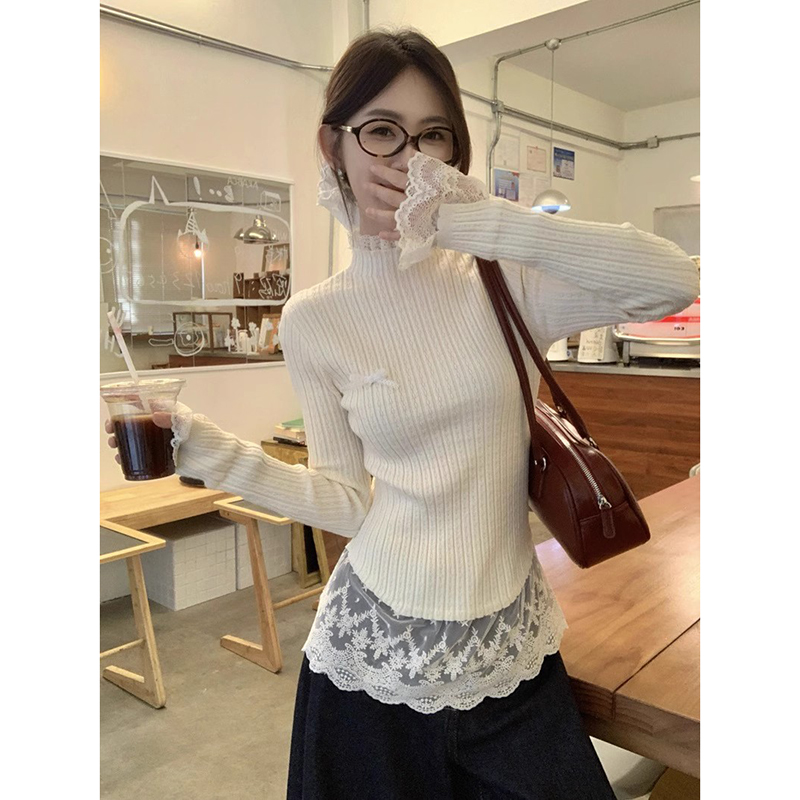 蕾丝拼接针织衫打底衫上衣高级感