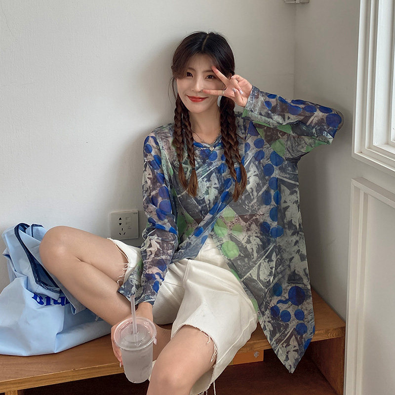 下摆不规则开叉打底叠穿好搭长袖彩色扎染薄纱t恤女2021夏季新款