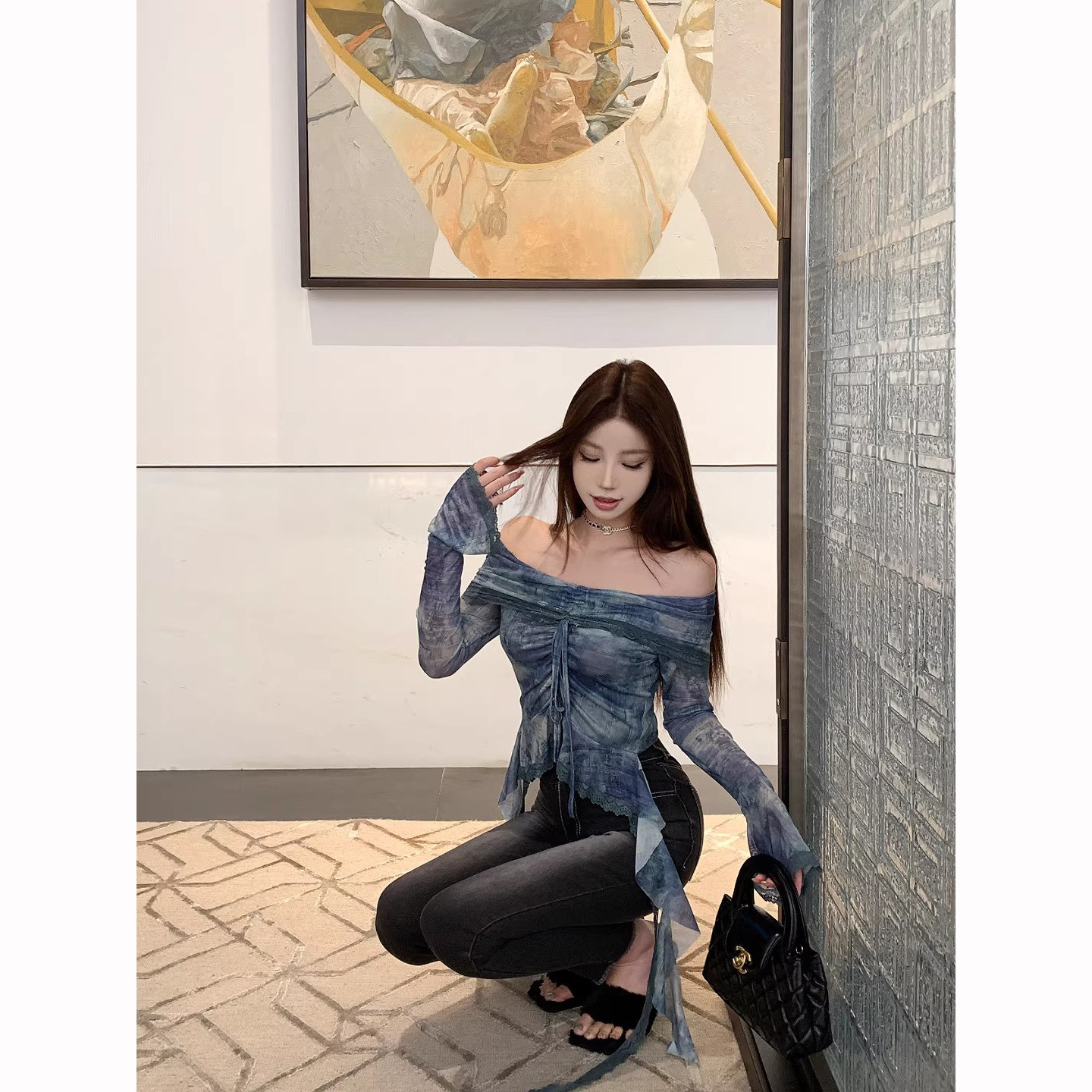 一字肩蕾丝拼接晕染抽绳系带长袖衬衫 飘带喇叭袖拼接休闲上衣女,女装/女士精品,蕾丝衫/雪纺衫,淘宝优惠券,粉丝福利购,淘宝优惠卷