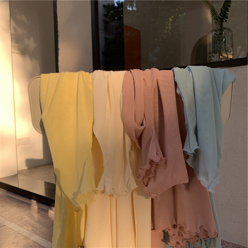 新款木耳边高领薄款修身网纱打底衫女秋装纯色百搭透视上衣潮