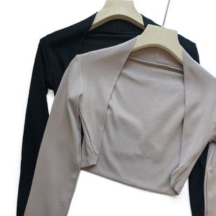 气质短款小披肩瑜伽服长袖健身服打弹力人棉运动上衣罩衫