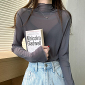 女长袖 2021春秋季 百搭网纱蕾丝打底衫 木耳边高领内搭微透T恤上衣