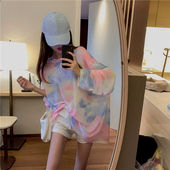 糖果色冰丝防晒衫 T恤慵懒百搭网红超薄扎染短外套头 衣服女夏长款