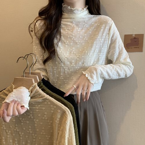 木耳边蕾丝长袖休闲百搭上衣