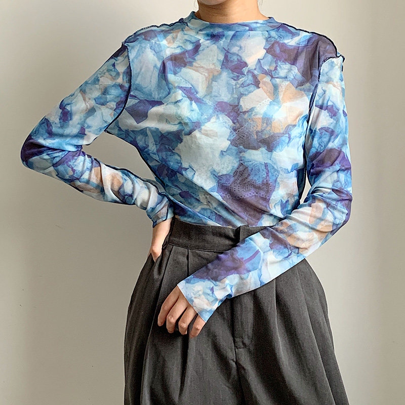 扎染t恤女上衣长袖2020秋季新款网纱打底衫修身薄款透视蕾丝内搭