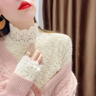 半高领蕾丝打底衫女秋冬配毛衣皮草内搭洋气加绒加厚中领网纱上衣