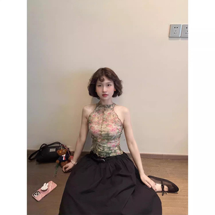 复古绿无袖上衣女网纱挂脖背心亚比穿搭日杂碎花古着T