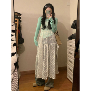 韩系叠穿甜美刺绣小花侧边绑带网纱透视罩衫吊带裙连衣裙
