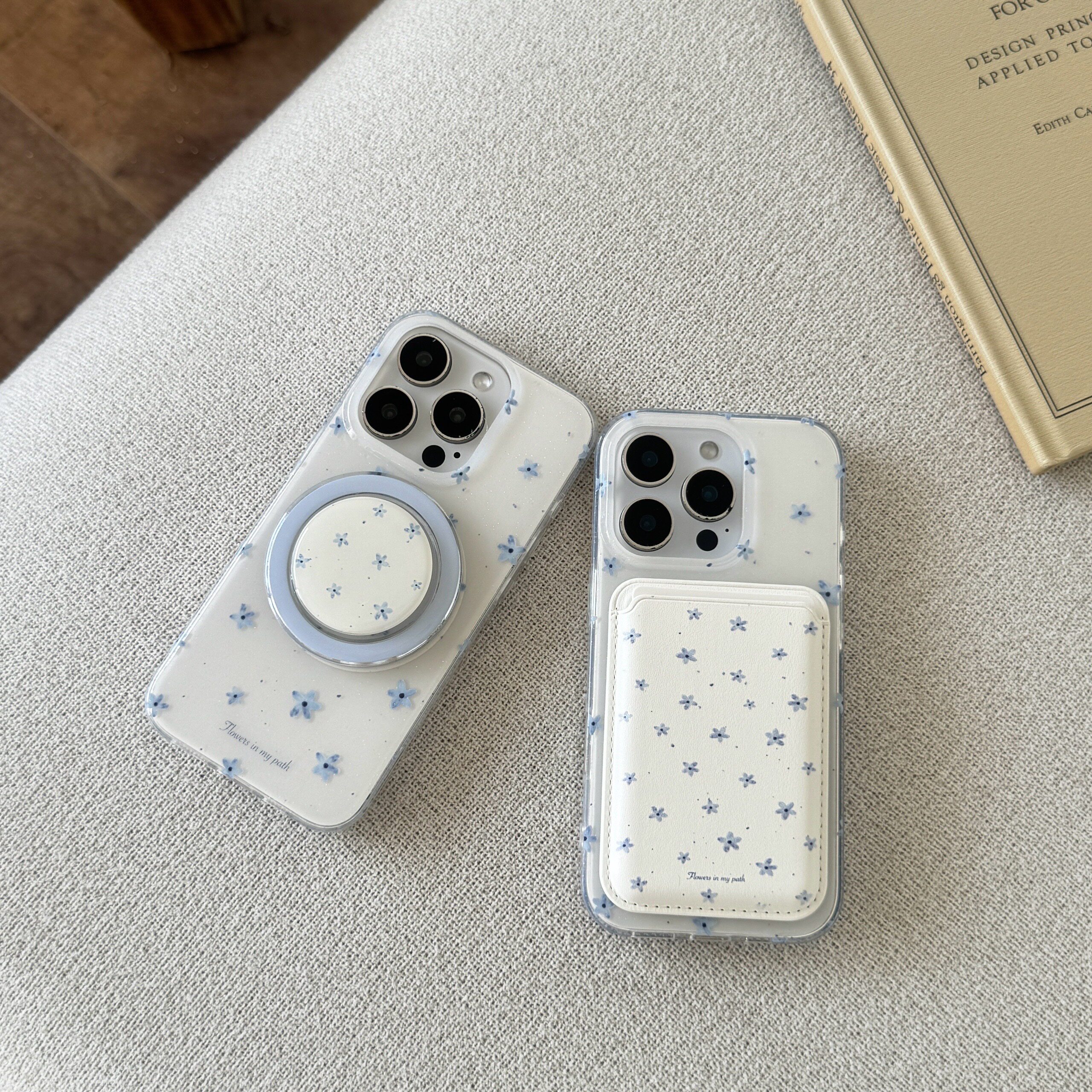 are you自制韩系蓝色小花磁吸卡包支架手机壳适用13苹果iPhone16promax新款15pro保护套14PRO全包16双层壳14