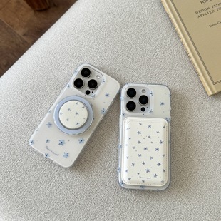 are 15pro保护套14PRO全包16双层壳14 you自制韩系蓝色小花磁吸卡包支架手机壳适用13苹果iPhone16promax新款