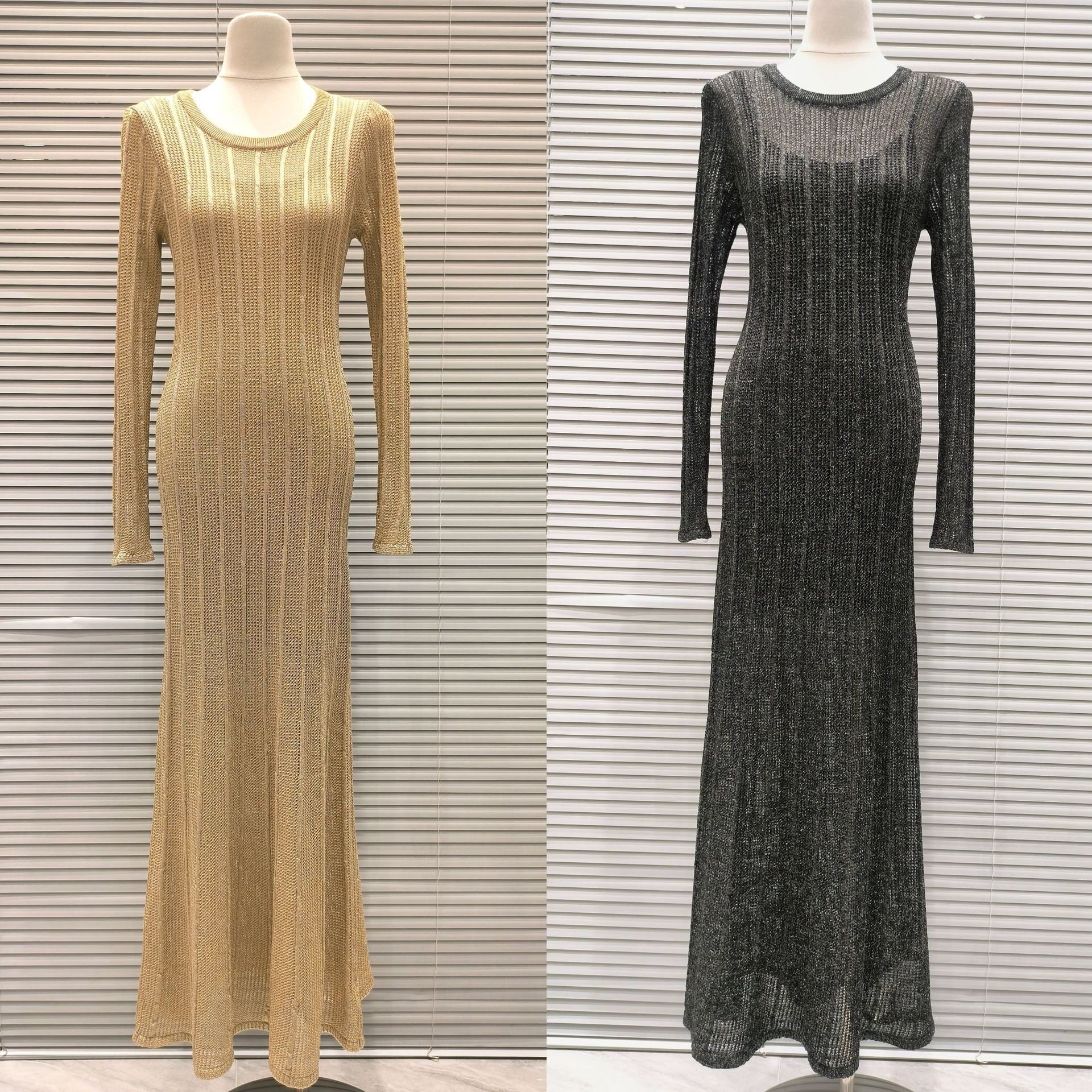 2025春夏新款竖条纹镂空修身显瘦气质圆领长款针织连衣裙吊带套装