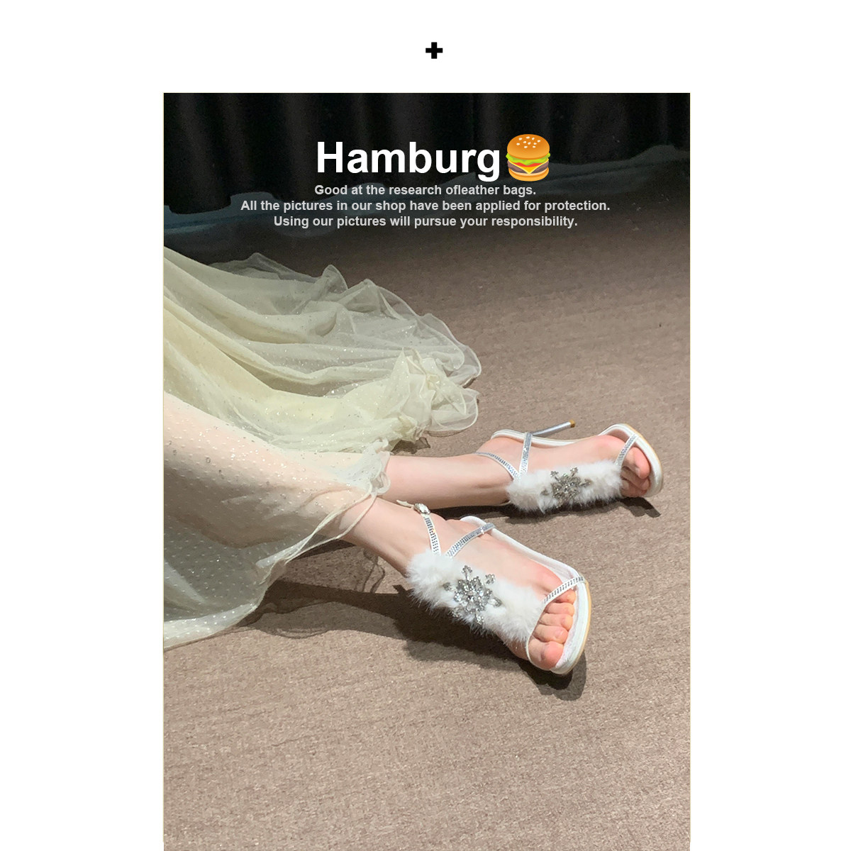 【汉堡Hamburg】白色毛毛高跟鞋女名媛水钻一字带细跟高跟鞋女,女鞋,一字带凉鞋,淘宝优惠券,粉丝福利购,淘宝优惠卷