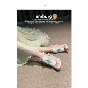 【汉堡Hamburg】白色毛毛高跟鞋女名媛水钻一字带细跟高跟鞋女