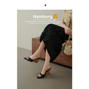 【汉堡Hamburg】黑色坡跟高跟鞋女露趾尖头黑色漆皮高跟凉鞋女