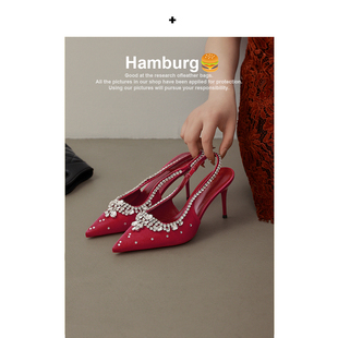 【汉堡Hamburg】红色水钻婚鞋女秀禾婚鞋细跟高跟鞋女包头凉鞋女