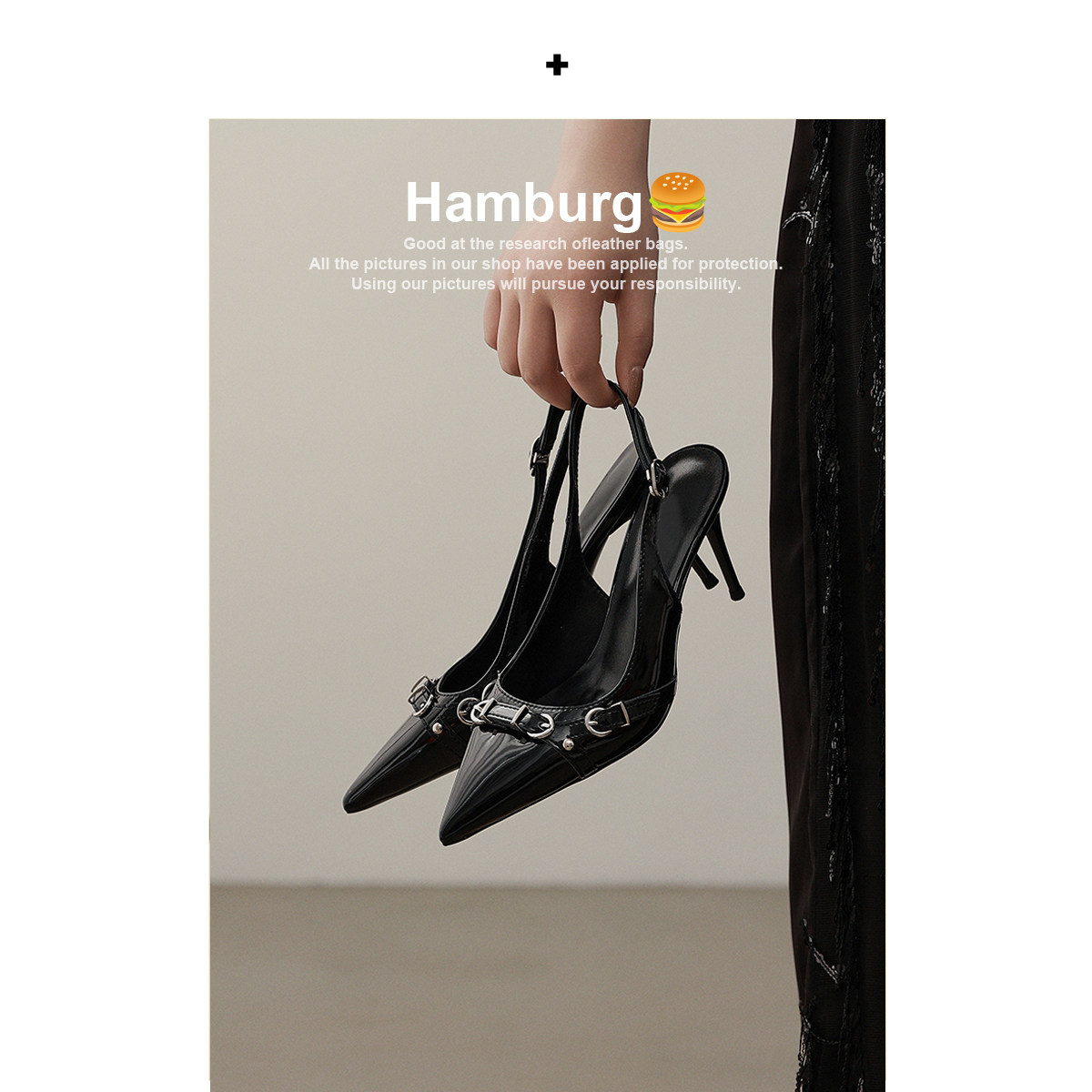 【汉堡Hamburg】黑色高跟鞋设计感小众气质金属一字扣带包头凉鞋