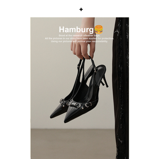 【汉堡Hamburg】黑色高跟鞋设计感小众气质金属一字扣带包头凉鞋