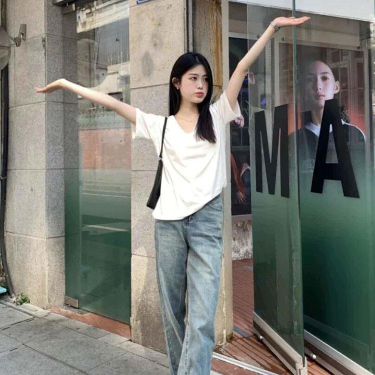 白色V短袖正2肩T恤女夏205新款弛松感领宽松CSO韩版慵懒风高级感