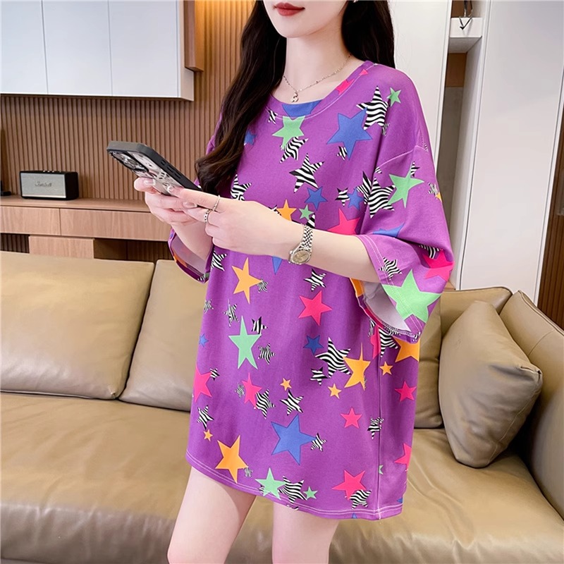 2025夏季新款短欧货星星印花大码短袖T恤女韩版宽松百搭上衣女潮