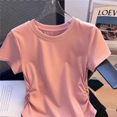 百搭T恤甜辣妹设计感褶皱收腰不规则女士上衣短袖 夏圆领套头显瘦