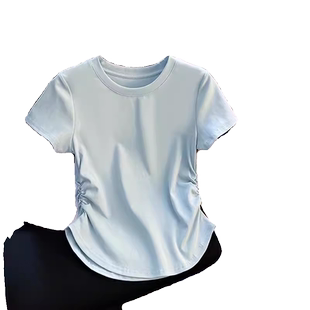 设计感小众褶皱收腰上衣不规则短袖t恤2024女夏季款弧形下摆体恤