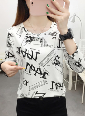 2024新款圆领印花上衣初秋长袖t恤女春夏季宽松ins超火cec打底衫
