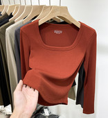 t恤小衫 长袖 上衣欧货螺纹短款 方领短款 女 2024春秋新款 打底衫 修身