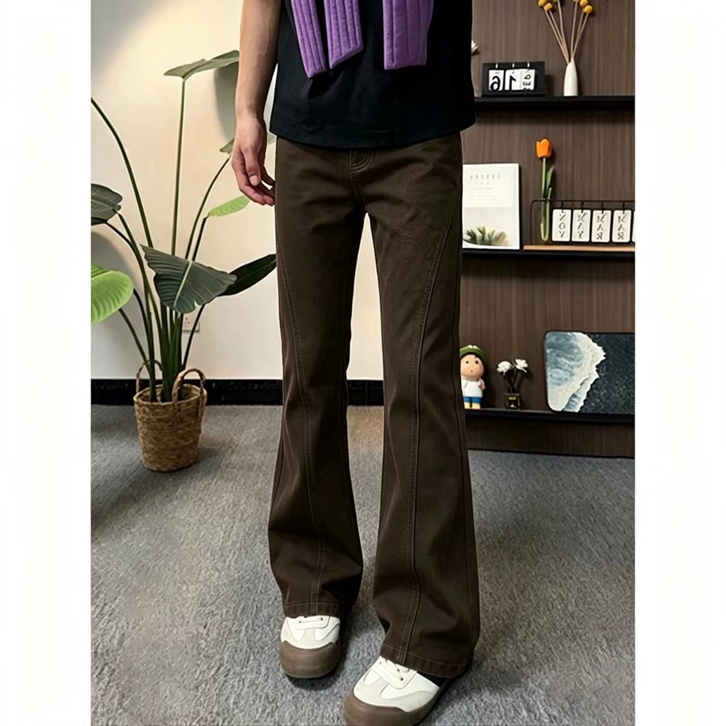 美式复古纯棉牛仔裤男秋季高街窄版斜切工装裤子高级感显瘦微喇裤
