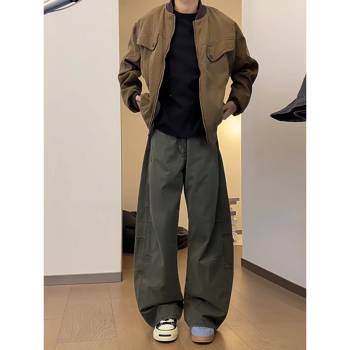 军绿色弯刀裤子男款秋季美式高街阔腿工装裤cleanfit直筒休闲长裤