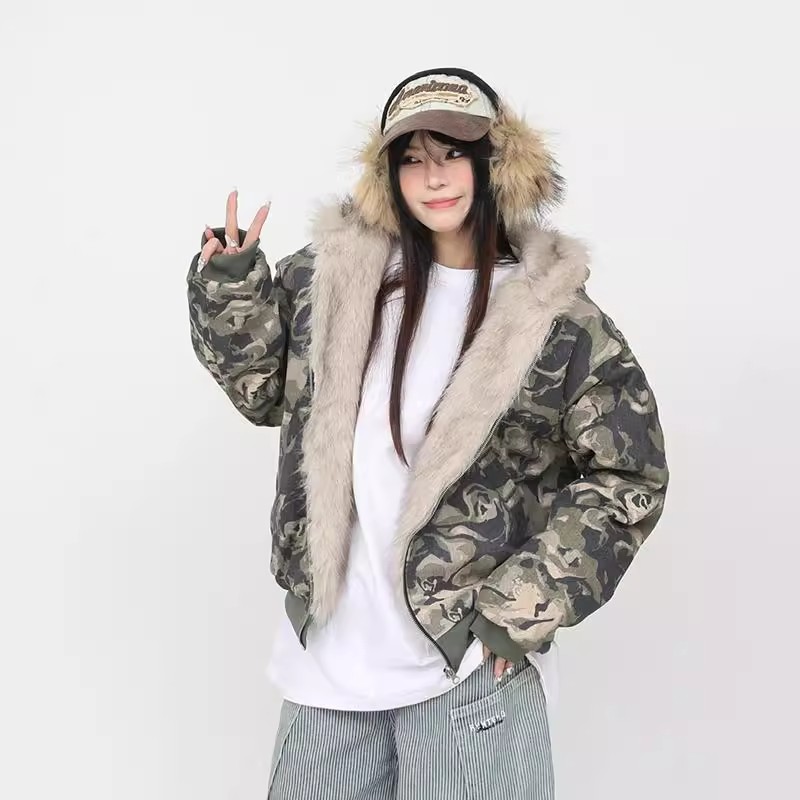 美式水洗迷彩毛领连帽夹克棉服2025冬季新款加厚座山雕外套男女