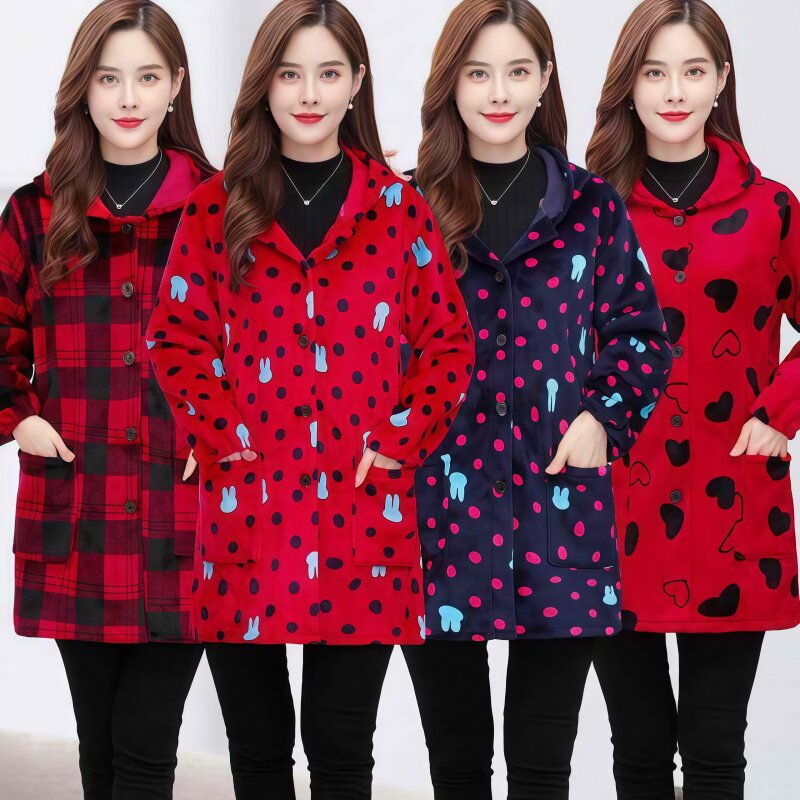 四川省服中长款妈妈秋冬外套女中老年法兰绒长袖成人加厚加绒罩衣