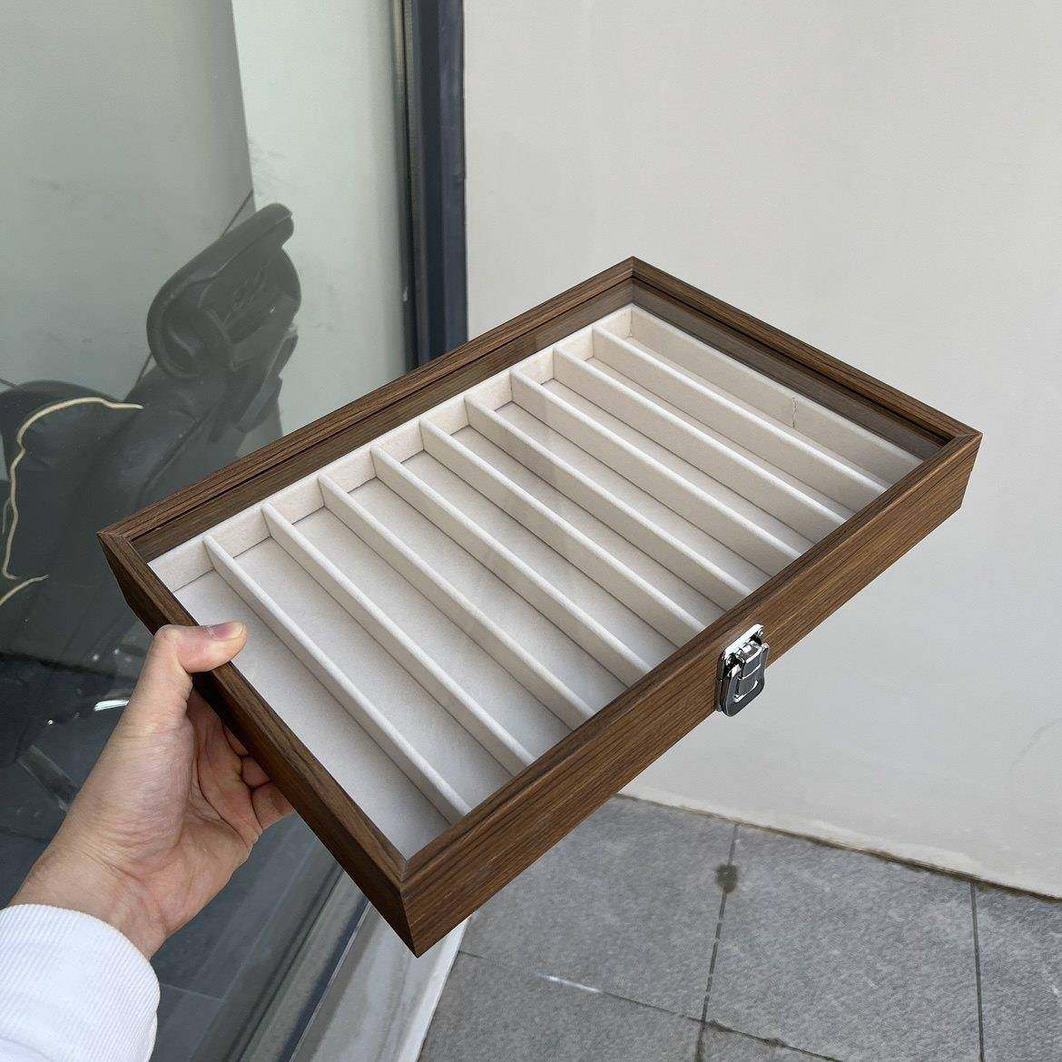 日本耳钉专用收纳盒黑胡桃木纹项链手链手镯手串文玩饰品盒放珍珠