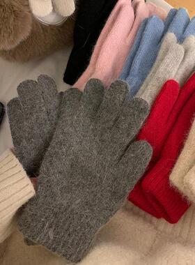 手套红色纯色针织女冬季防风骑车保暖防寒护分五指手指学生骑行